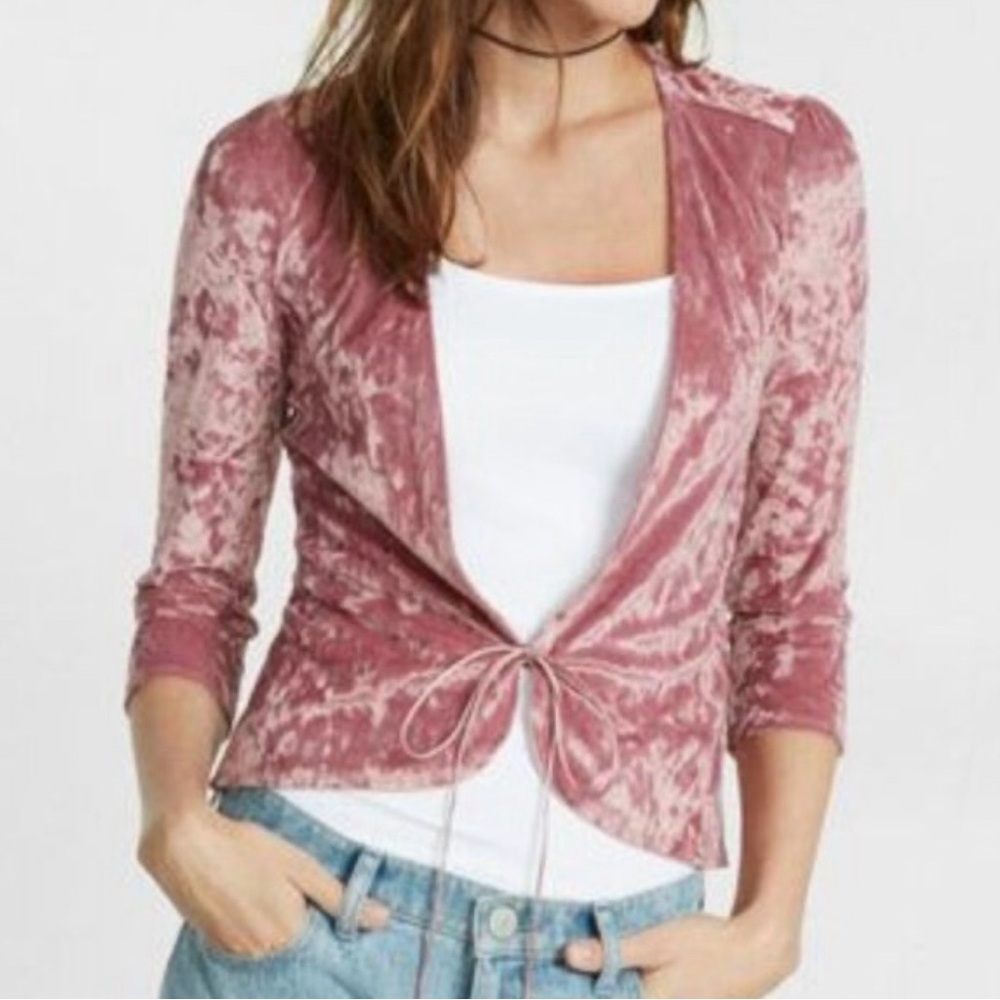 Express One Eleven Dusty Rose Crushed Velvet Tie Front Cardigan